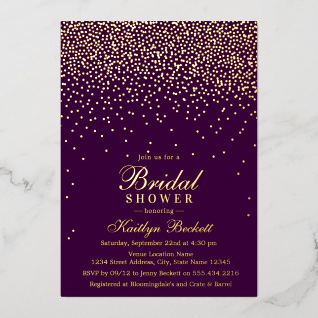 Invitación Con Relieve Metalizado Elegante Glam Confetti Bridal Shower Real (Anverso)