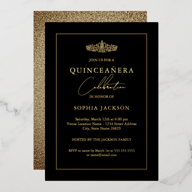 Invitación Con Relieve Metalizado Elegante Gold Black Quinceanera 15 (Anverso/Reverso)