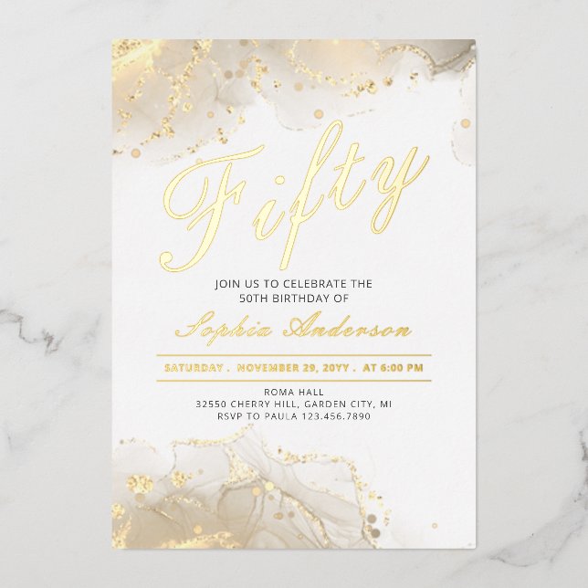 Invitación Con Relieve Metalizado Elegante Gold Moderno 50 cumpleaños (Anverso)