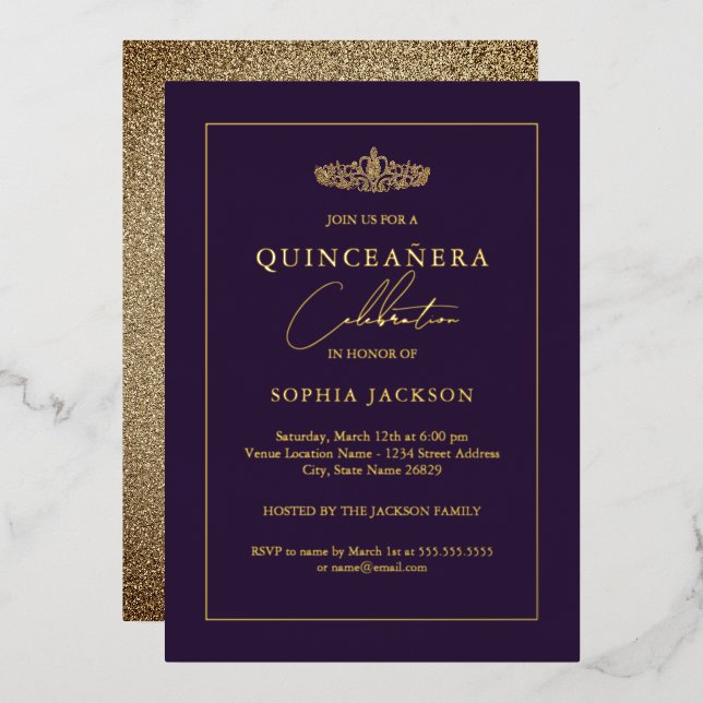 Invitación Con Relieve Metalizado Elegante Gold Purple Quinceanera 15 (Anverso/Reverso)