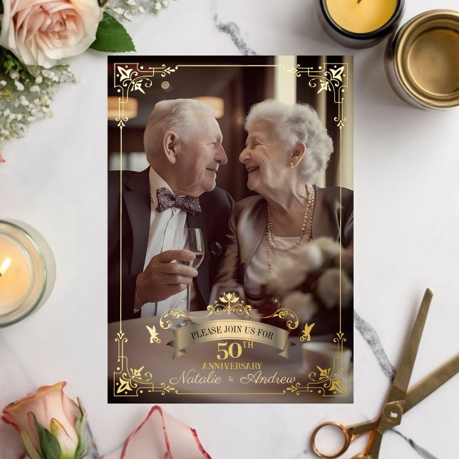 Invitación Con Relieve Metalizado Elegante Golden 50 años de matrimonio Renovación d (Subido por el creador)