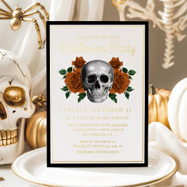 Invitación Con Relieve Metalizado Elegante Gothic Floral Skull Halloween Gold