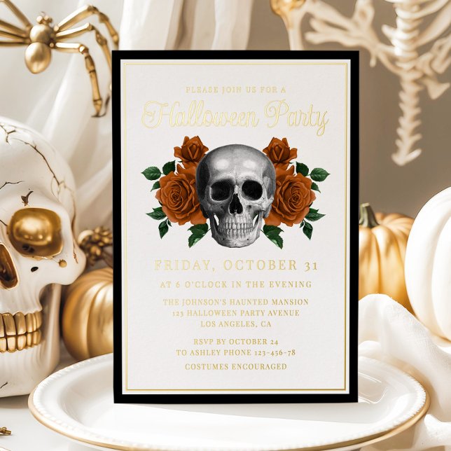 Invitación Con Relieve Metalizado Elegante Gothic Floral Skull Halloween Gold (Elegant Gothic Floral Skull Halloween Gold Foil Invitation)