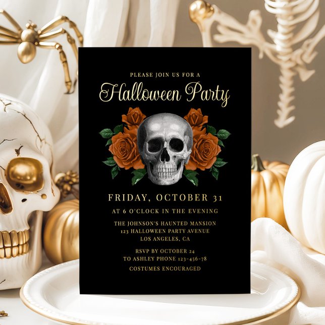 Invitación Con Relieve Metalizado Elegante Gothic Floral Skull Halloween Gold (Elegant Gothic Floral Skull Halloween Gold Foil Invitation)