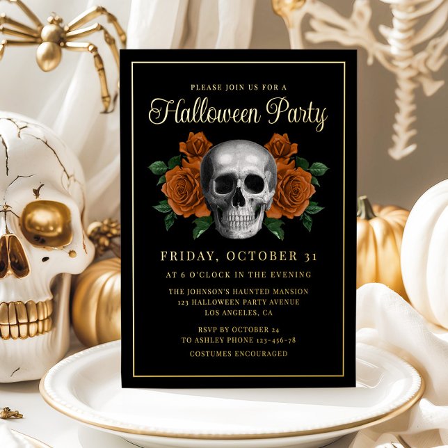 Invitación Con Relieve Metalizado Elegante Gothic Floral Skull Halloween Gold (Elegant Gothic Floral Skull Halloween Gold Foil Invitation)