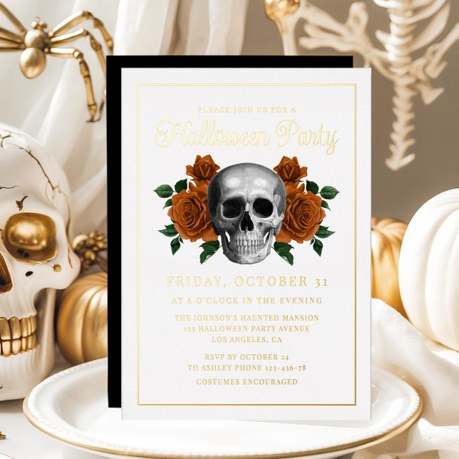 Invitación Con Relieve Metalizado Elegante Gothic Floral Skull Halloween Gold (Elegant Gothic Floral Skull Halloween Gold Foil Invitation)