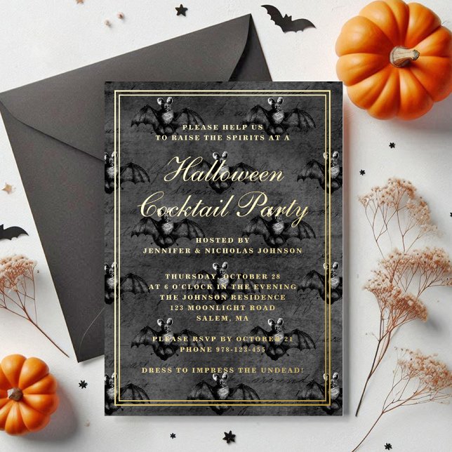 Invitación Con Relieve Metalizado Elegante Gótico Bats Halloween Cocktail Fiesta Gol (Elegant Gothic Bats Halloween Cocktail Party Gold Foil Invitation)
