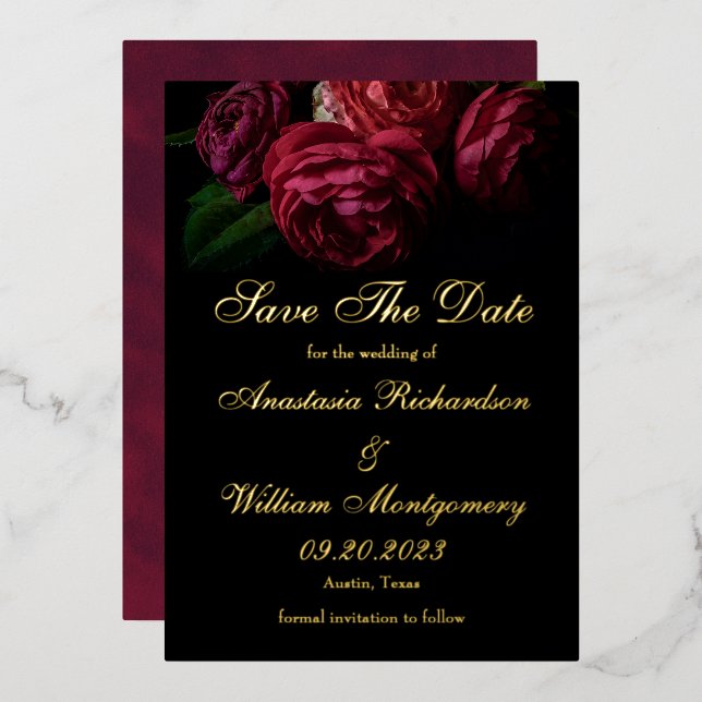Invitación Con Relieve Metalizado Elegante Gótico Floral Oro Negro Salvar La Fecha (Anverso/Reverso)