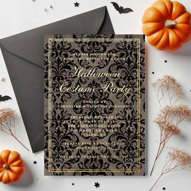 Invitación Con Relieve Metalizado Elegante Gótico Halloween Disstume Fiesta Oro (Elegant Gothic Halloween Costume Party Gold Foil Invitation)