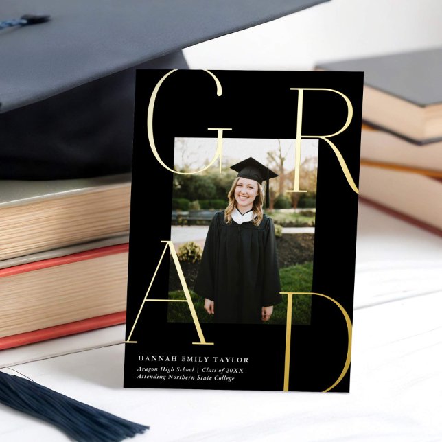 Invitación Con Relieve Metalizado Elegante GRAD Photo Graduation Negro + Oro (Subido por el creador)