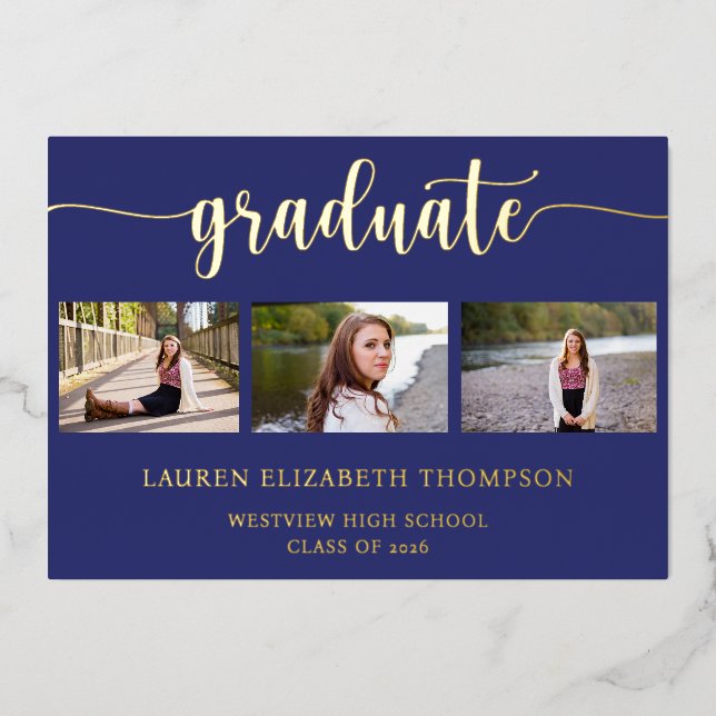 Invitación Con Relieve Metalizado Elegante Graduación 3 Foto Oro Azul (Anverso)