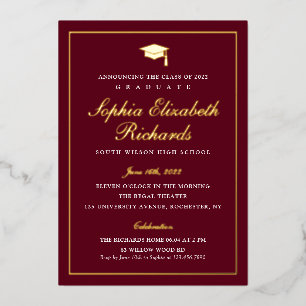 Invitación Con Relieve Metalizado Elegante graduación de 3 fotos en color vino y dor