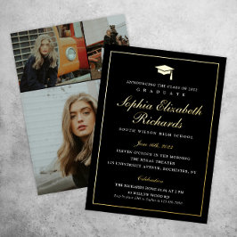 Invitación Con Relieve Metalizado Elegante graduación de 3 fotos en negro y dorado