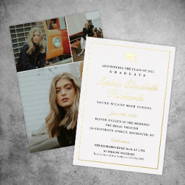 Invitación Con Relieve Metalizado Elegante graduación de 3 fotos en oro