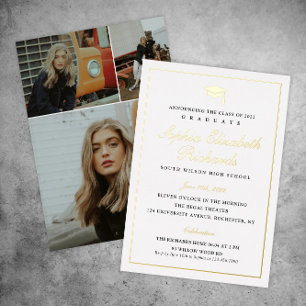 Invitación Con Relieve Metalizado Elegante graduación de 3 fotos en oro