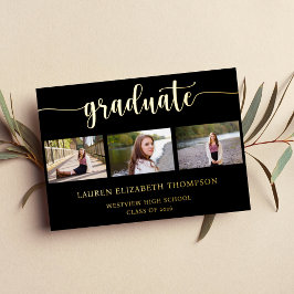 Invitación Con Relieve Metalizado Elegante graduación de 3 fotos negro oro