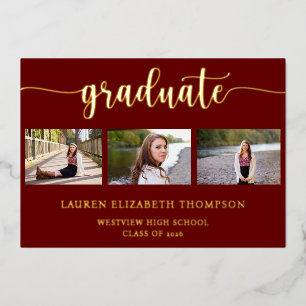 Invitación Con Relieve Metalizado Elegante graduación de 3 fotos rojo dorado