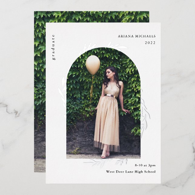 Invitación Con Relieve Metalizado Elegante Graduación de Foto Plata (Anverso/Reverso)