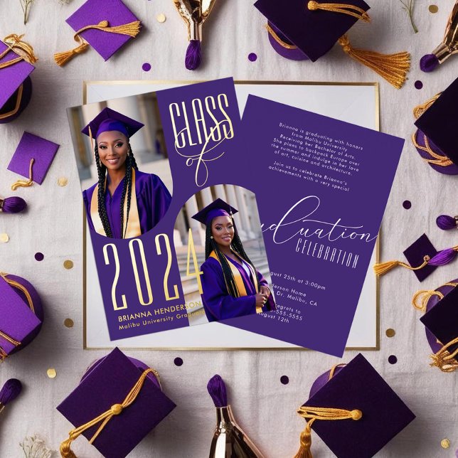 Invitación Con Relieve Metalizado Elegante Graduación de Fotografía Purple y Gold (Purple and Gold Foil Graduation Invitations with arched photo spaces.)