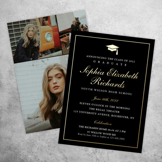 Invitación Con Relieve Metalizado Elegante Graduación de fotografías en negro y oro  (Subido por el creador)