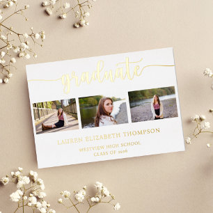 Invitación Con Relieve Metalizado Elegante Graduación de Guión 3 Foto Oro