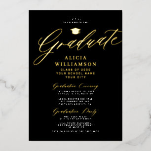 Invitación Con Relieve Metalizado Elegante graduación de guión clásico negro dorado