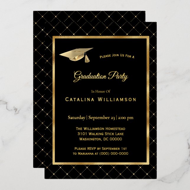 Invitación Con Relieve Metalizado Elegante Graduación de Patrón Geométrico Oro (Anverso/Reverso)