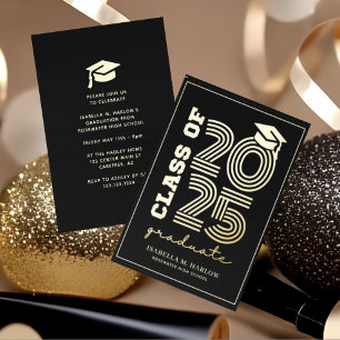 Invitación Con Relieve Metalizado Elegante graduación de secundaria de oro negro