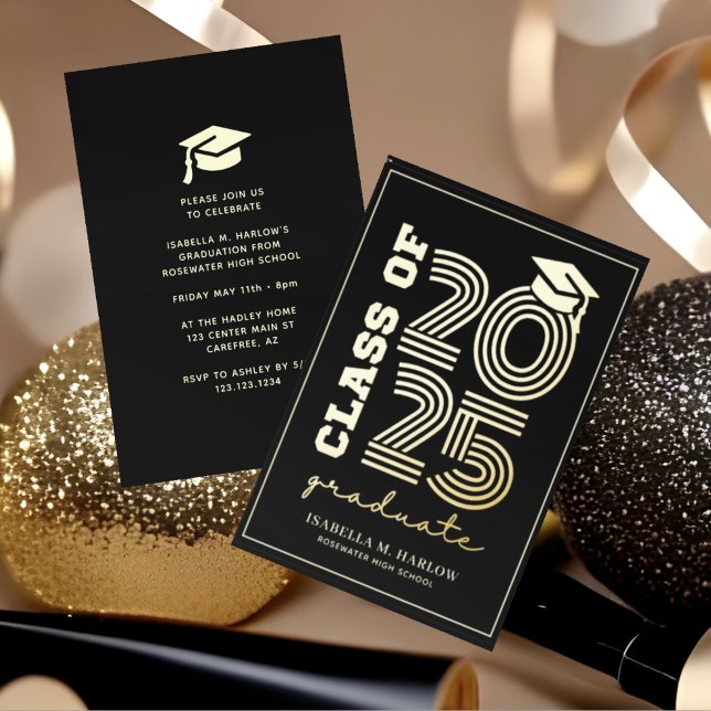 Invitación Con Relieve Metalizado Elegante graduación de secundaria de oro negro (Subido por el creador)