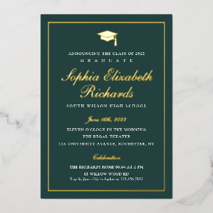 Invitación Con Relieve Metalizado Elegante Graduación Verde y Oro 3 Foto