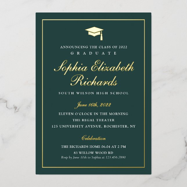 Invitación Con Relieve Metalizado Elegante Graduación Verde y Oro 3 Foto (Anverso)