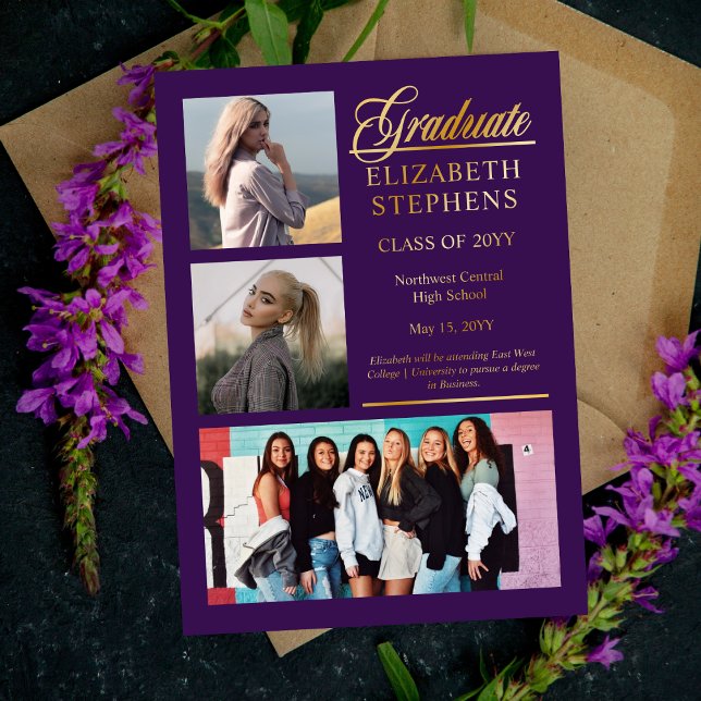 Invitación Con Relieve Metalizado Elegante Graduado Graduado Púrpura 3 Foto (Classy and Elegant Script Text "Graduate" 3-Photo Gold Foil and Purple Graduation Announcement)
