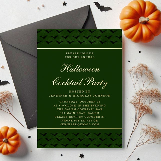 Invitación Con Relieve Metalizado Elegante Green Bats Halloween Cocktail Fiesta Gold (Elegant Green Bats Halloween Cocktail Party Gold Foil Invitation)