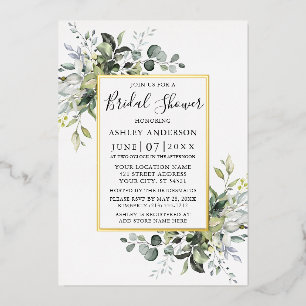 Invitación Con Relieve Metalizado Elegante Greenery de Acuarela Nupcial Dorado
