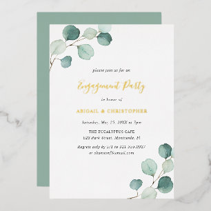 Invitación Con Relieve Metalizado Elegante Greenery Eucalyptus Engagement Party Gold