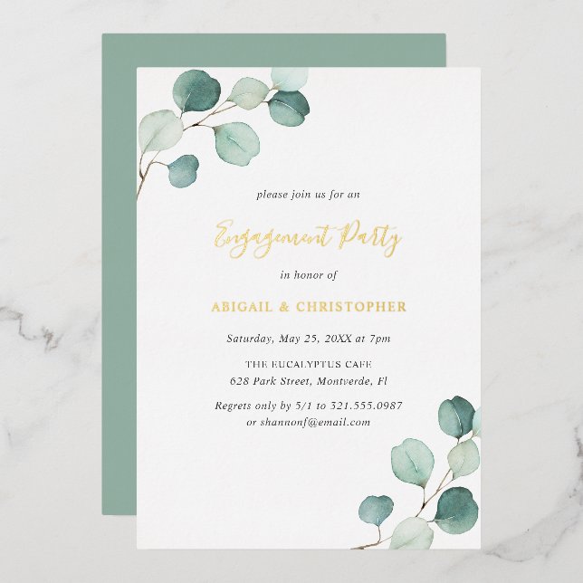 Invitación Con Relieve Metalizado Elegante Greenery Eucalyptus Engagement Party Gold (Anverso/Reverso)