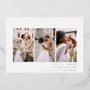 Invitación Con Relieve Metalizado Elegante Guardar la foto de fecha 3 Plata Minimali