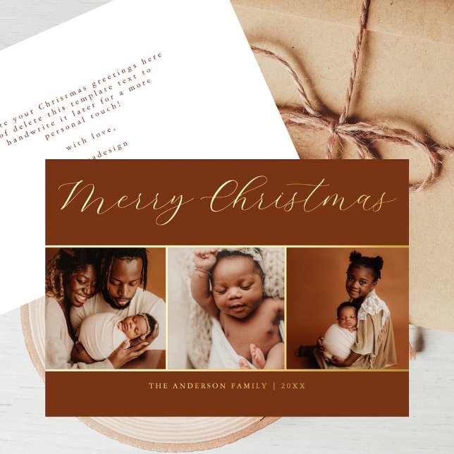 Invitación Con Relieve Metalizado Elegante guión 3 Foto Chocolate Beige Christamas (Subido por el creador)