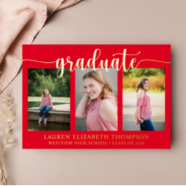 Invitación Con Relieve Metalizado Elegante guión 3 Foto Graduación Roja Dorada