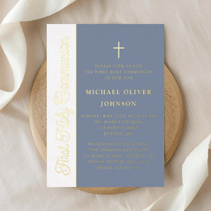 Invitación Con Relieve Metalizado Elegante guión azul polvoriento niño primera comun