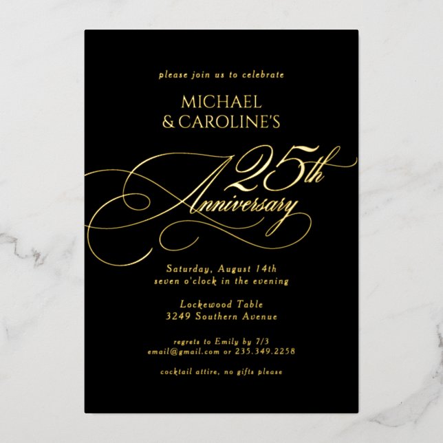 Invitación Con Relieve Metalizado Elegante guión clásico 25 aniversario Boda (Anverso)