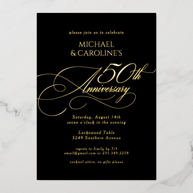 Invitación Con Relieve Metalizado Elegante guión clásico 50 aniversario Boda (Anverso)