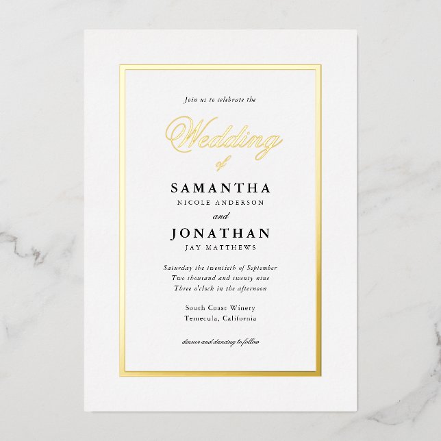 Invitación Con Relieve Metalizado Elegante guión clásico Boda mínimo oro (Anverso)