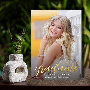 Invitación Con Relieve Metalizado Elegante guión de foto graduación oro