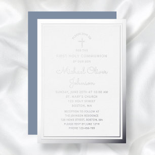 Invitación Con Relieve Metalizado Elegante guión de la primera comunión plateado