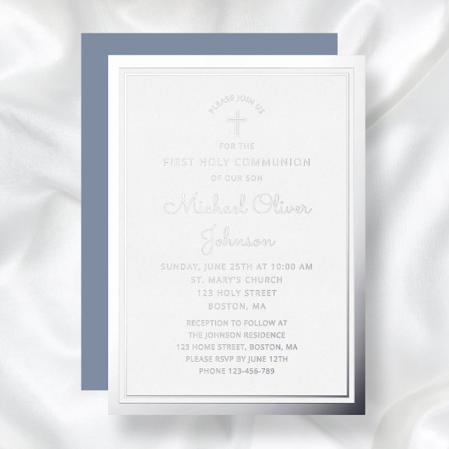 Invitación Con Relieve Metalizado Elegante guión de la primera comunión plateado (Elegant Script First Communion Silver Foil Invitation)