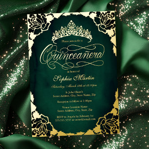 Invitación Con Relieve Metalizado Elegante guión de oro de esmeralda real Quinceaner