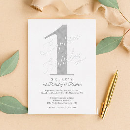 Invitación Con Relieve Metalizado Elegante guión de plata bebé primer cumpleaños y b