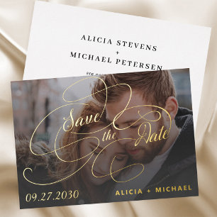 Invitación Con Relieve Metalizado Elegante guión dorado foto boda guardar la fecha