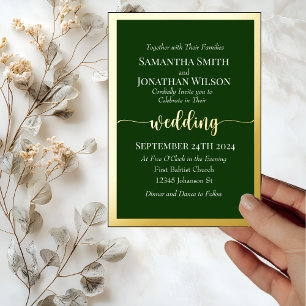 Invitación Con Relieve Metalizado Elegante guión dorado y marco en boda verde